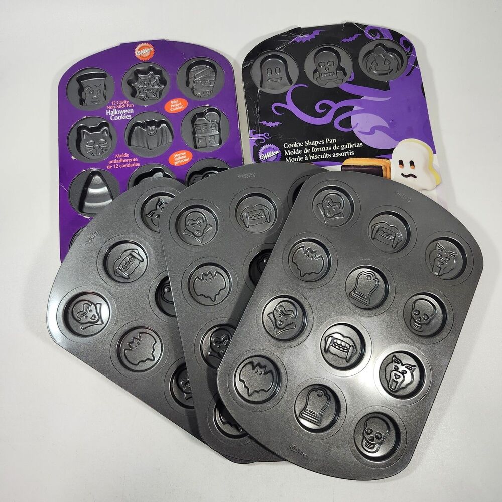 5 Wilton Halloween Cookie Pans Pumpkin Ghost Bat Holiday Skull Tombstone Baking